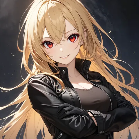 Higg resolution, high quality, hd, beautiful female, 1 female, pretty, beautiful, long blonde hair, dark blonde hair, dark red eyes, dark eyes, red eyes, smile, black leather jacket, black gloves, cross arms, half body, looking at viewer