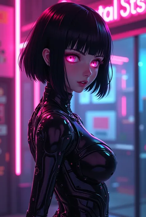 An anime android girl who has the body shape of a human girl, her technical parts are visible. she has no clothes on her.  The face of an ordinary girl, eyes are pink, mouth is open a little bit.  A bob haircut. Hairs are black. This girl is standing in ne...