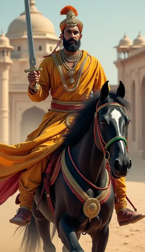 Gogaji Maharaj, holding a sword, is mounted on a majestic black horse. He wears traditional Rajasthani attire with golden and green ornaments. His face reflects strength and wisdom, and he appears as a determined hero. The background shows a grand palace a...