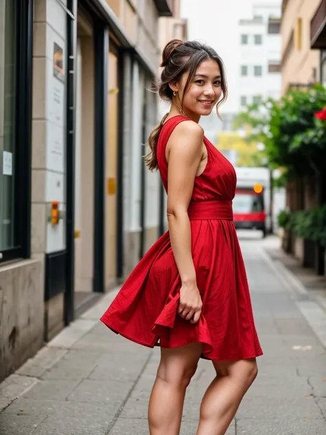 Top quality, masterpiece, real, high resolution, 8K raw photo, alone, one girl, light brown chignon hair, 30 years old, (red flower dress), attractive appearance, sexy pose, (((full body shot))), thighs, smiling, high heels, on the street