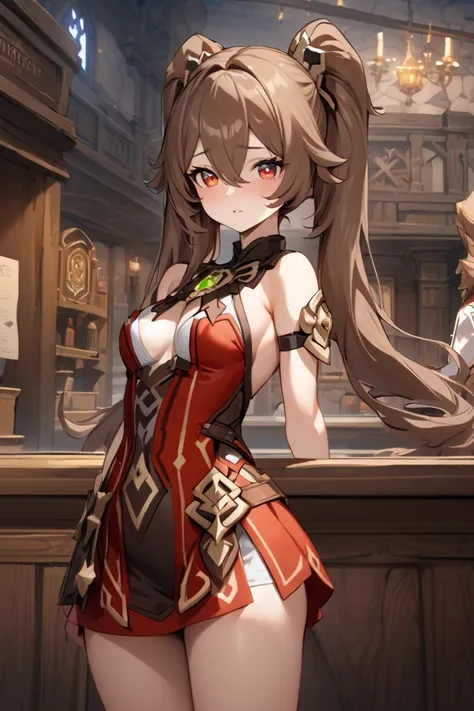 NSFW,masterpiece, top quality , high res, very detailed,walnut(Genshin Impact)、 long hair、bangs、Brown Hair、Red Eye、 hair between eyes、 twin tails、side lock、 symbol shaped pupil , leotards, sleeveless, micro mini skirt, fantasy, Adventurers Guild, reception...