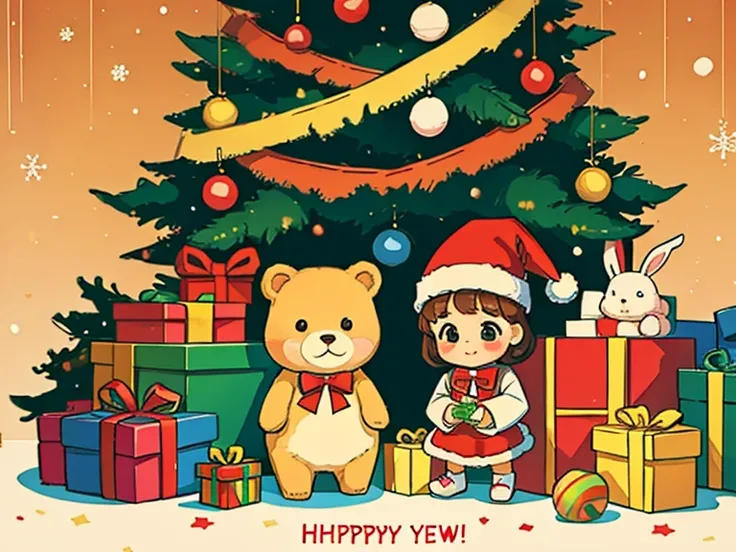  New Year card, cute little bear and cute bunny decorate the Christmas tree with toys,  holiday mood 