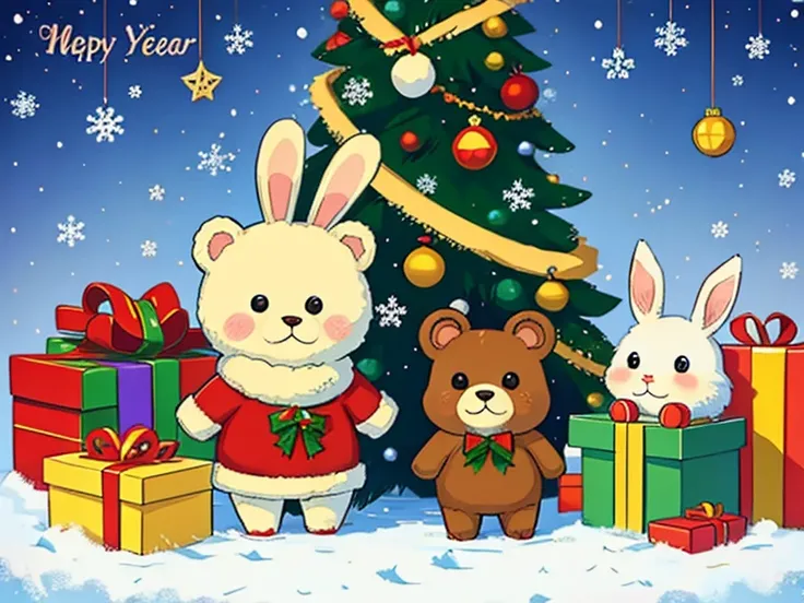  New Year card, cute little bear and cute bunny decorate the Christmas tree with toys,  holiday mood 