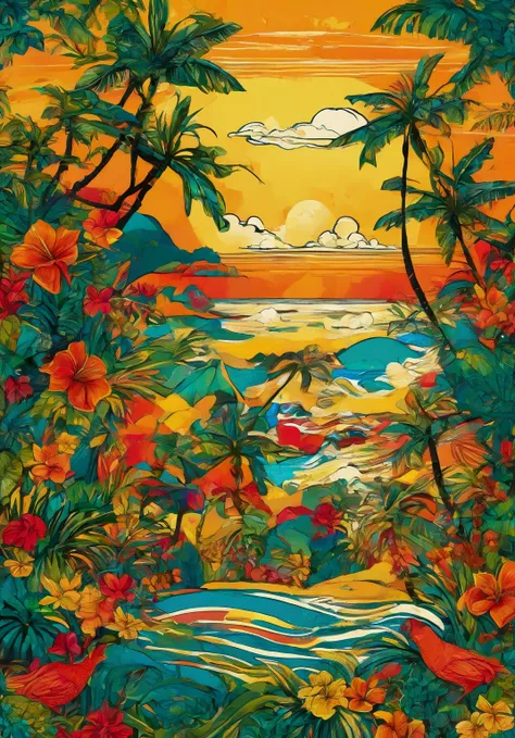 visual explosion of vibrant colors and elements that celebrate Bahian culture. The background would have a warm gradient of yellow, orange and red, reminiscent of the sunset on the beaches of Salvador, mixed with blues and greens that evoke the sea and tro...