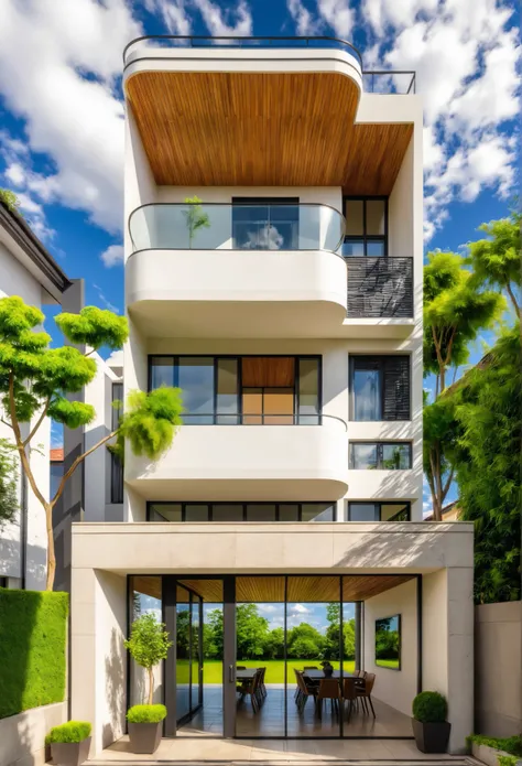 Masterpiece, high quality, best quality, authentic, super detail, outdoors, house style modern,bietthuhn, white wall, glass windows, gate road,pavement, grass, trees,blue sky, cloud, (day:1.1), realistic lighting