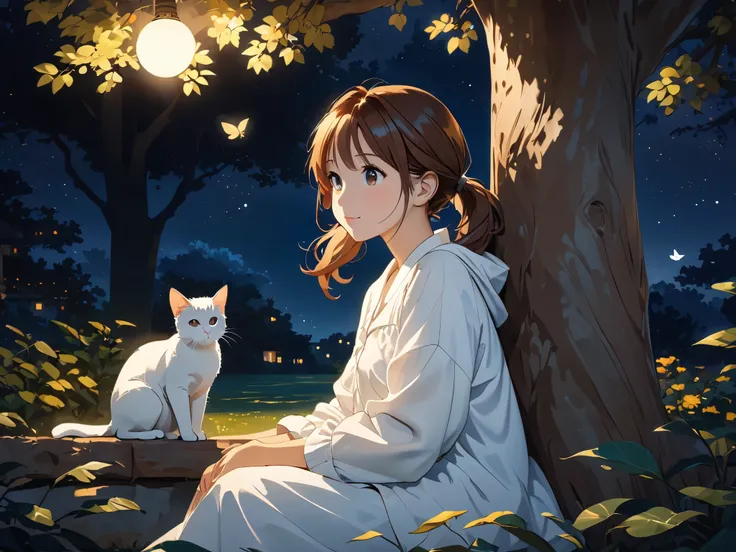 Pigtails, Brown Hair Young Girl, the shade of a tree, white cat, Relaxed, Night, High Definition.
