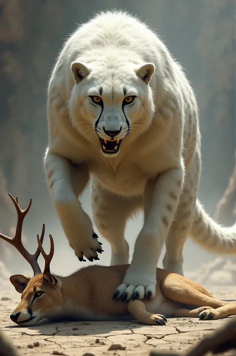 A dead white  tailed deer is lying on the groundand a prehistoric woolly white cheetah is standing with one foot on top of the white tailed deer.deer face was injured
