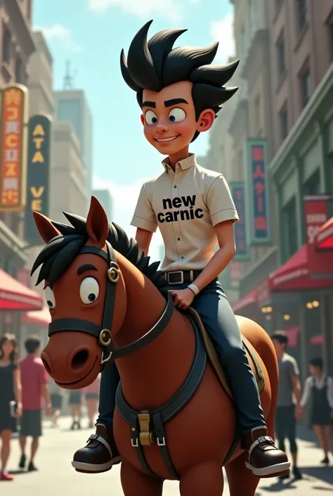  Jimmy Neutron with black hair dressed in a white shirt with rider clothes,  that on the shirt it says “New Carnic” . That Jimmy is riding a horse ,  On a street in a city 