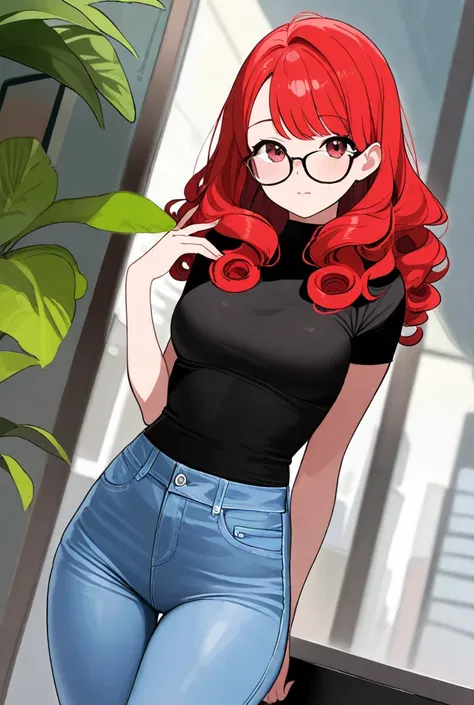 a very hot girl, Very beautiful with long curly red hair,  herself wearing glasses,  Wearing tight jeans ,  and a black shirt ,