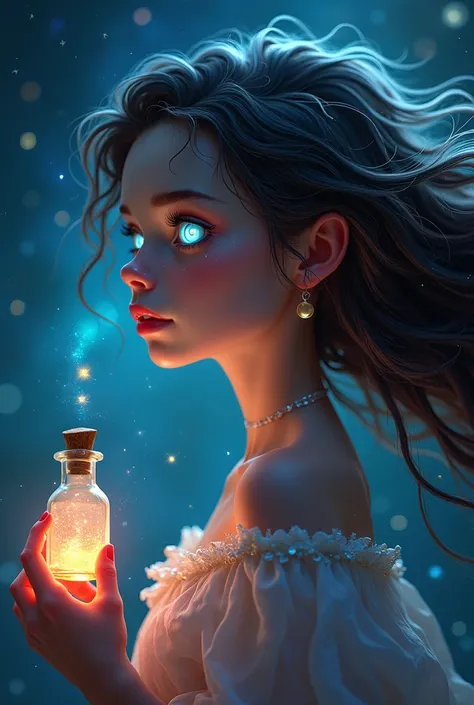  The Alchemist of the Stars
A young humanoid woman with delicate features, big eyes that reflect ,  constellations and hair that seems to flow like the Milky Way .  Carry shiny bottles with color-changing potions 