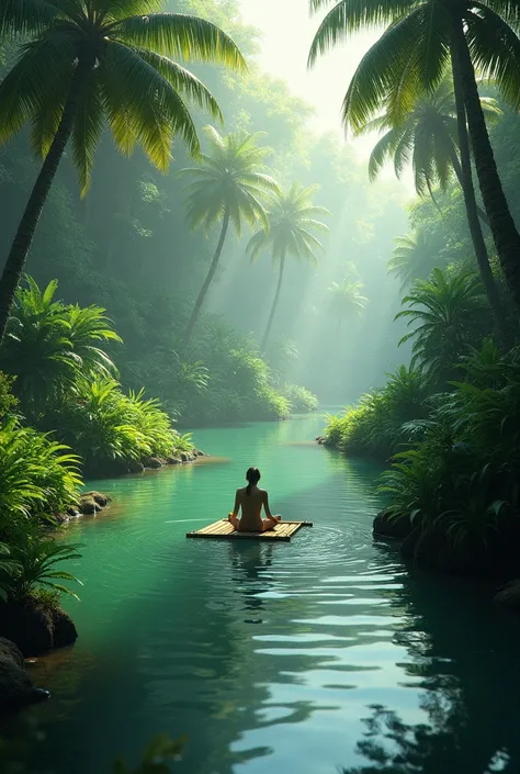 Landscape of a river in tropical jungle and person on a float