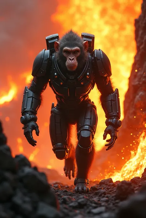 Create an image of an armored monkey walking on an erupting volcano 