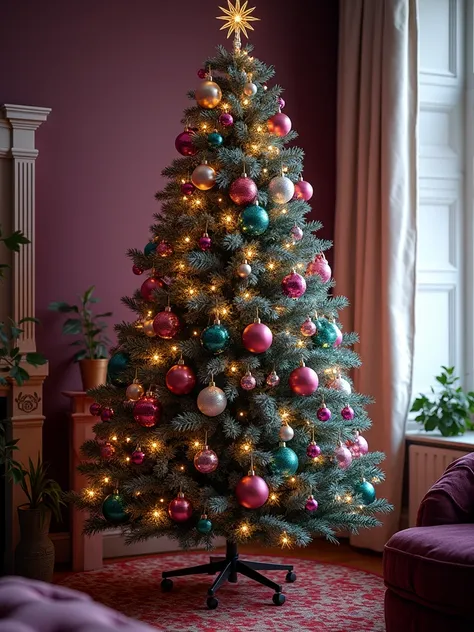 Create in 4k quality ,a Christmas tree in shades of green and purple 