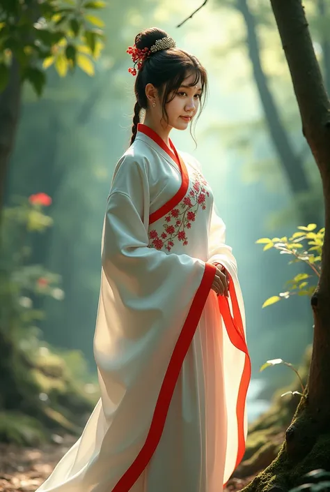 for this woman, she wears a white Chinese hanfu with red accents and a forest background. 