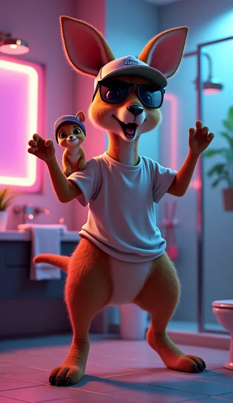  A fun and lively scene shows an adult kangaroo in Bathroom ,  dancing to an animated rap .  The kangaroo wears a straight-brimmed cap facing backwards ,  large sunglasses and a loose t-shirt that matches its relaxed style. In her marsupial pocket ,  peeks...