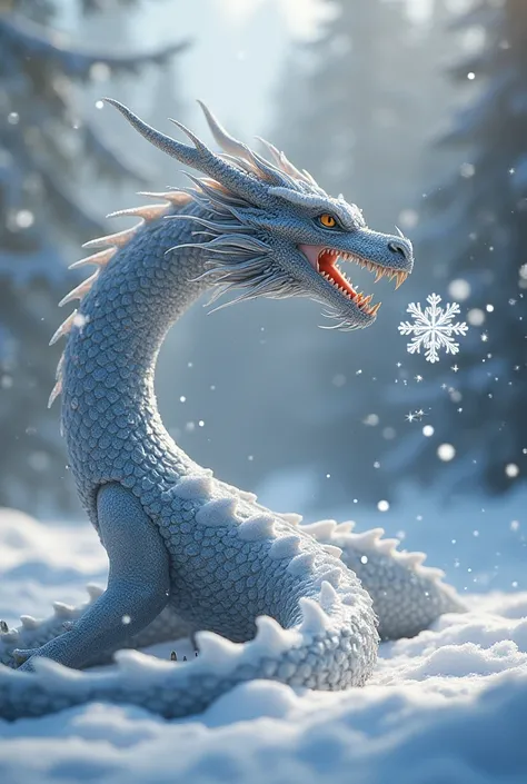 A sparkly silver dragon is trying to catch a snowflake