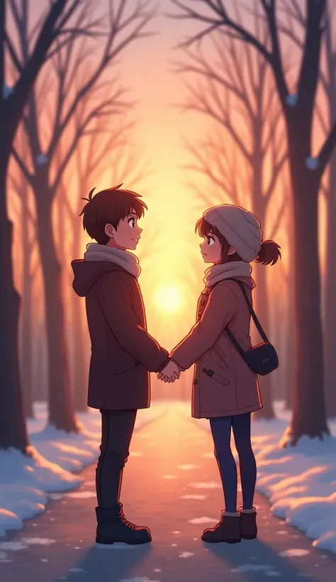 /imagine prompt: An anime-style scene of a couple standing together in a serene park during sunset. The couple is close, with the girl gently holding the boys hand. They both wear casual winter clothing, with the girl in a warm coat and scarf, and the boy ...