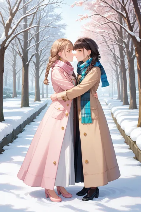 Best picture quality, two lovely, beautiful, beautiful and intelligent women kissing outdoors in snowy winter city (brown-black hair two braids, fringe, two-tone, glossy, earrings, big light brown eyes (droopy), highly functional, thin long down coat (whit...