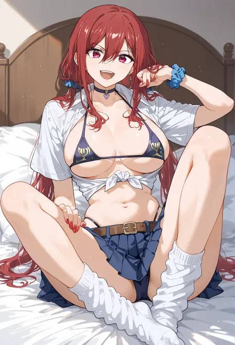 masterpiece, (((highest quality, perfect anatomy))), (full body), soft light, from front, at bedroom, sitting, knees up, Legs open in the shape of M, lift up skirt, Show off your groin, laugh, 1girl, erza scarlet, (super beautiful), long hair, low twintail...