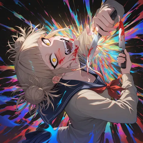 masterpiece, best quality, amazing quality, very aesthetic, absurdres,  newest, (volumetric lighting, scenery), 1girl, toga himiko, teeth, open mouth, blood on face, smile, double bun, crazy eyes, holding knife, hand on own cheek, upper body, school unifor...