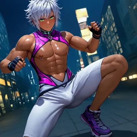 1boy, shine dark skin, handsome male, (muscular:0.5), sweat, sci-fi, colorful sleeveless body suits, (fingerless grove:1.5), shoes, collar, nipples cutout, navel cutout, penis out, nipple rings, city street, fighting pose, sunshine, short hair, messy hair,...