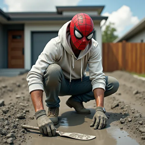 a man is squatting 
 on the cement mortar while holding a spatula, the man was wearing a dirty white hoodie covered in mud with a spiderman mask. The background is a modern house yard