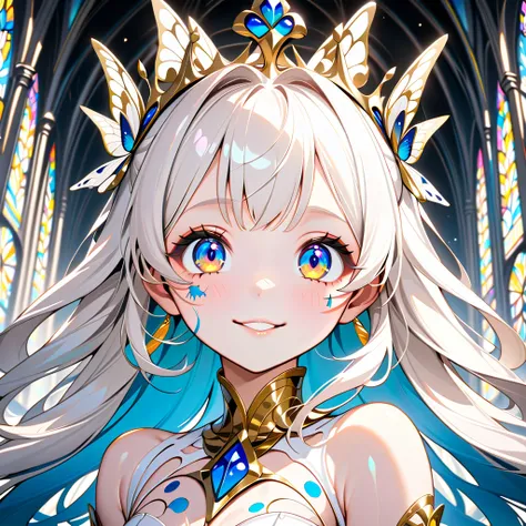 solo girl, embarrassed but happy, (porcelain skin, pure white skin, shiny skin:1.3), (butterfly face paint, big eyes, fluorescent shiny hair), crown made of butterflies, cathedral, (masterpiece, ultra detailed, top quality), anime Icon, face focus.