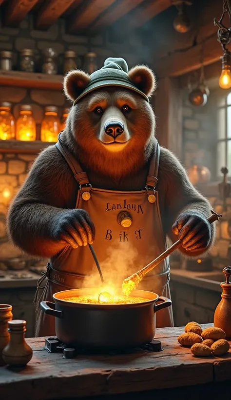 A large anthropomorphic bear named Beaumont, wearing a weathered leather apron and a soft chef’s hat, is stirring a steaming pot of hearty stew in a rustic kitchen. The kitchen is warmly lit, with wooden beams overhead, shelves lined with jars of glowing, ...