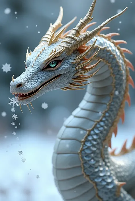 A sparkly silver dragon with gilding is trying to catch a snowflake using its tongue 