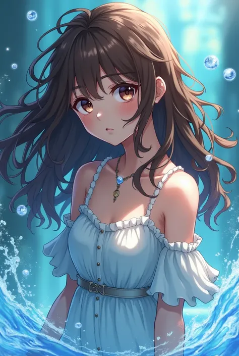  Create an image make a girl with unruly curly hair,  the hair color is brown ,  her eyes are brown and her skin is brown ,  she wears a kind of old dress , The colors are blue and white, Shes using water powers ,  some water balls float around her , she i...