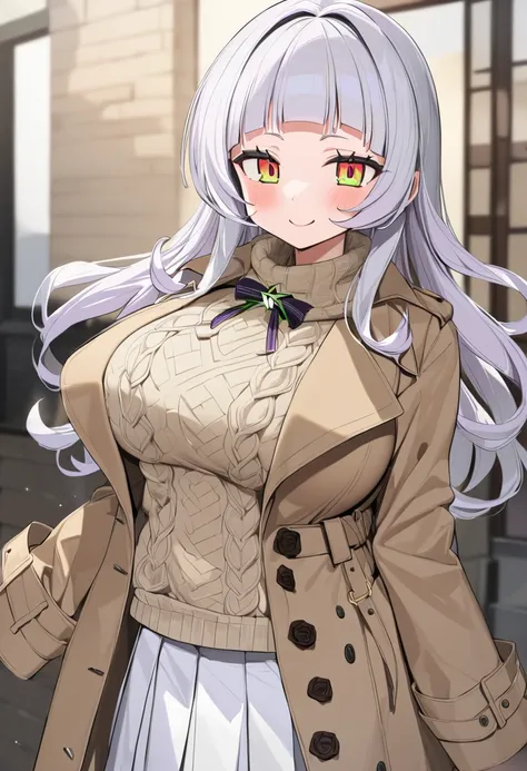 ( top quality , 8k, masterpiece),　 girl、young、Idol、1 person、 murasaki shion,  hololive ,Silver Hair  , Big Breasts ,smile、 like heaven、 red cheeks 、Tanimachis emphasis 、A rich variety of skin tones  , (  Trench Coat  , aran sweater ,  pleated skirt :1.2) ,...