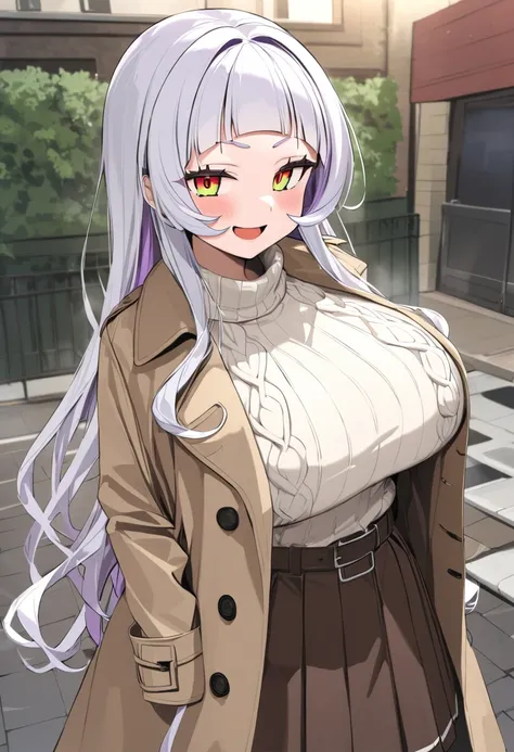 ( top quality , 8k, masterpiece),　 girl、young、Idol、1 person、 murasaki shion,  hololive ,Silver Hair  , Big Breasts ,smile、 like heaven、 red cheeks 、Tanimachis emphasis 、A rich variety of skin tones  , (  Trench Coat  , aran sweater ,  pleated skirt :1.2) ,...