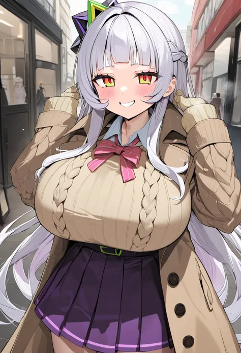 ( top quality , 8k, masterpiece),　 girl、young、Idol、1 person、 murasaki shion,  hololive ,Silver Hair  , Big Breasts ,smile、 like heaven、 red cheeks 、Tanimachis emphasis 、A rich variety of skin tones  , (  Trench Coat  , aran sweater ,  pleated skirt :1.2) ,...