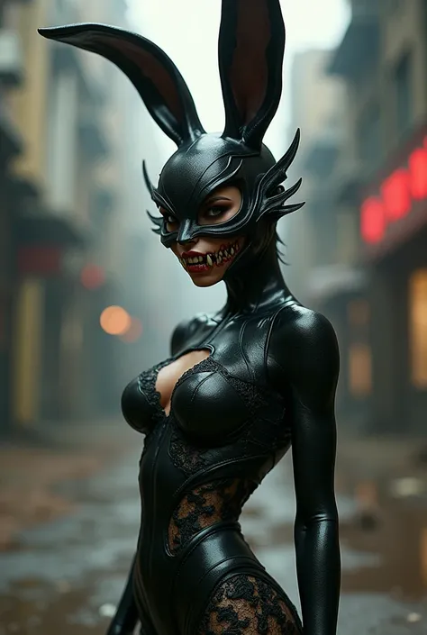 dynamic black cyberpunk vintage apocaliptic venom bunny venom fotorealizm sztuka uliczna studyjne swiatło ,,koronkowe czarne latex majtki ,cyberpunk