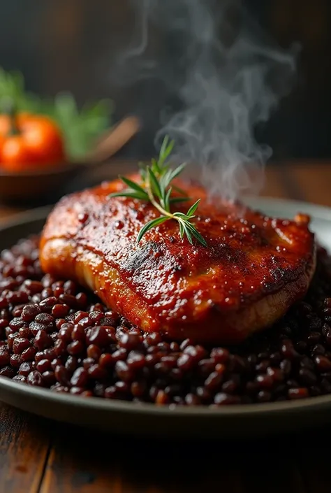 Cinematic frame of smoked pork leg,  accompanied with dark brown rice , and mature , quality photo, Noche Buena menu ,   ,  high budget , bokeh, cinemascope, melancholic, epic,  awesome,  film grain, Pernil granulate