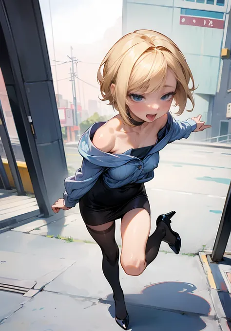 1 petite, slender girl, white off-the-shoulder short shirt、 no bra、The nipples are slightly visible, lips, open_mouth, Realistic city, Alone,(masterpiece),( top quality ), ( super high res), Blonde, Blue-eyed girl with middle bob hair, (Sexually excited an...