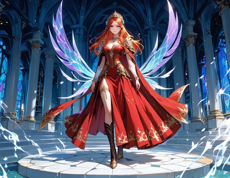 picture of a sorceress casting a spell in magical library, exquisite beautiful woman, dynamic hair color, dynamic hair style, (ultra detailed face: 1.2), best detailed face, high details, best quality, 16k, ((red elegant dress: 1.2), (purple cloak: 1.3), h...