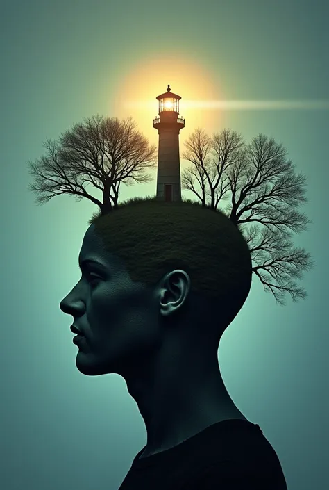  Image Idea :  A human head ,  like a lighthouse symbolizing balance . Ear ,  turns into the trunk of a tree and branches extend and wrap around the head . Ear  zarından gelen ses dalgaları,  ripples thin and slightly like leaves, spreading out towards the...