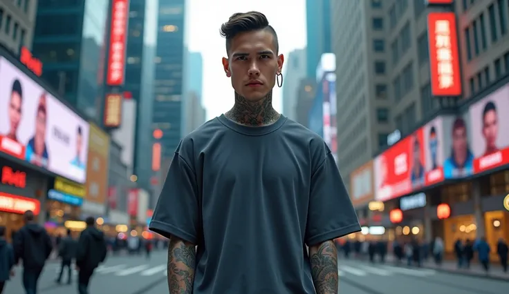 Generate an image of a model wearing a super oversized t-shirt in an urban city center. Western model, white skin, with tattoos, modern haircut