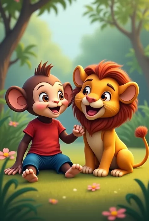 The monkey cub "چمچم," wearing a red T-shirt and blue shorts, and the lion cub "بازی" are sitting together on the grass, laughing and enjoying each other’s company. The background shows a calm jungle, with trees and flowers, creating a serene environment. ...