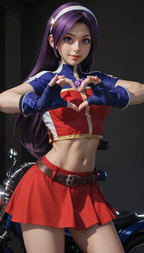 seductive, perfect lighting, perfect shadows, ATHKOF2002, purple hair, long hair, purple eyes, white hairband, blue sleeves, pearl (gemstone), short sleeves, red top, belt, fingerless gloves, navel, red skirt, biker shorts,RUKIA Style, (masterpiece), solo,...