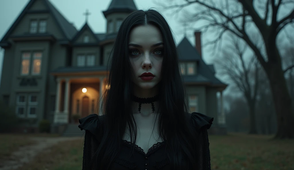 a dark twisted girl,wednesday addams,baksley adams,adams family,girl in dark dress,black hair,brooding expression,gothic aesthetic,dark moody atmosphere,creepy old mansion,spooky ambiance,haunting shadows,cobwebs,candles,gloomy lighting,high contrast,rich ...