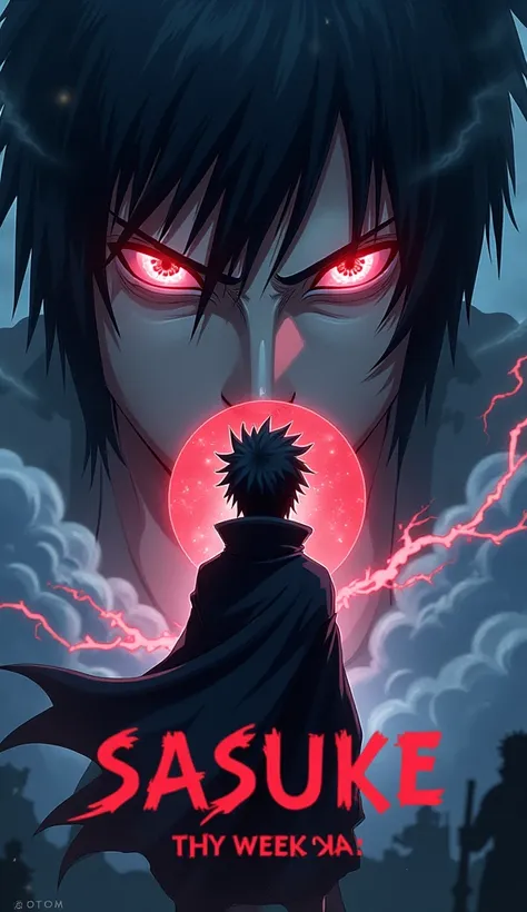 Visual Elements:
Sasuke in the foreground: Use a dramatic pose of Sasuke, preferably with his Sharingan activated, or in an intense battle stance. This draws immediate attention to the character.
Background: Incorporate a dark, stormy background with flash...