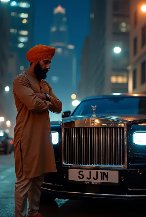 A sikh man stand with Rolls-Royce and check time in watch on the number plate write name sajjan in the background buildings and night view