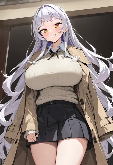 ( top quality , 8k, masterpiece),　 girl、young、Idol、1 person、 murasaki shion,  hololive ,Silver Hair  , Big Breasts ,smile、 like heaven、 red cheeks 、Tanimachis emphasis 、A rich variety of skin tones  , (  Trench Coat  , 白いaran sweater ,  black pleated skirt...