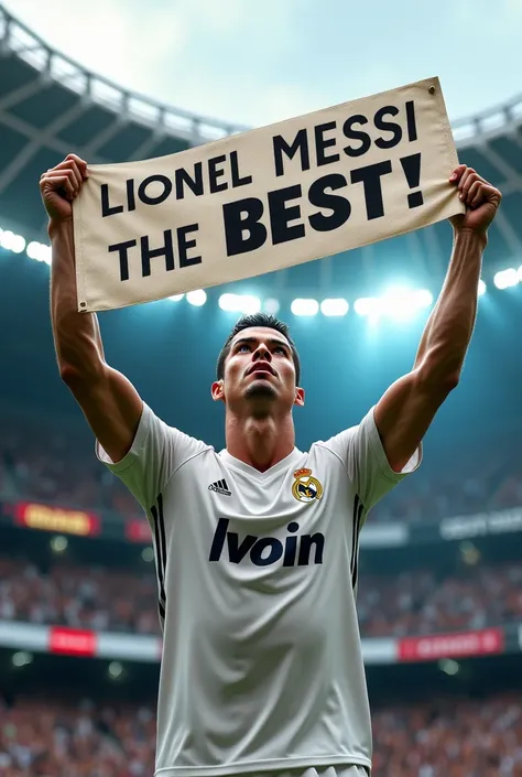 Cristiano Ronaldo carrying the banner that says " messi is best " in the football stadium while wearing his Real Madrid jersey