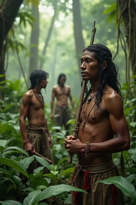 Members of the Yanomami tribe are engaged in daily activities such as hunting and farming. They are shown wearing minimal clothing, surrounded by the natural habitat of the rainforest. Everyones face should be clearly visible