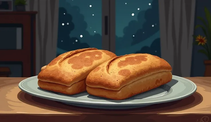 Draw me 2 loaves of bread and these are two pieces of toast bread, let them be horizontally on a plate on a table, please also let them all be at night and in a house but let the photo be drawn at a wide angle so that there is nothing else on the table and...