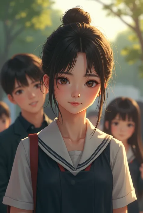 A beautiful girl with her hair tied up in a half and wearing a school uniform and behind her is a man and his friends.