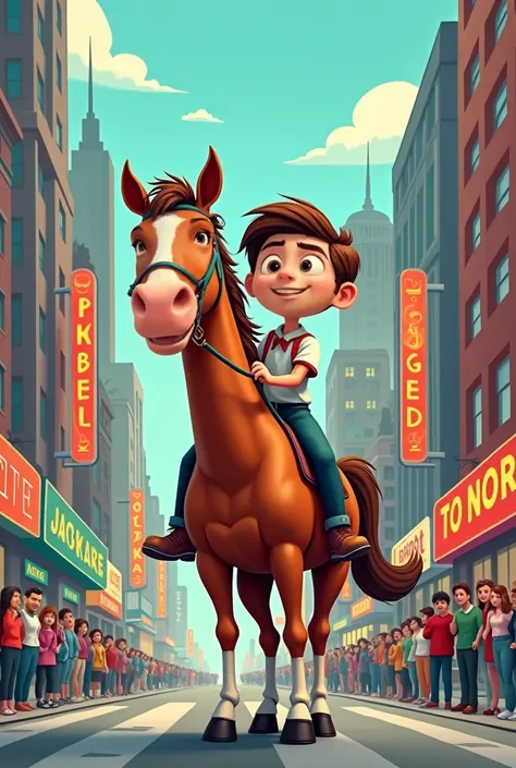 Make that person into a cartoon and have him ride a horse on a street in a city